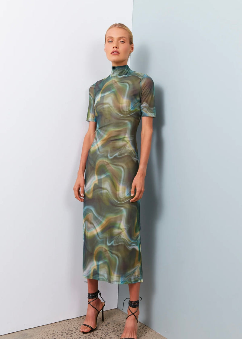 Print Mesh Dress Green Print | SOFIA IRINA