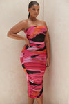 Sasha Multicoloured Strapless Ruched Midi Dress | HOUSE OF CB House of CB